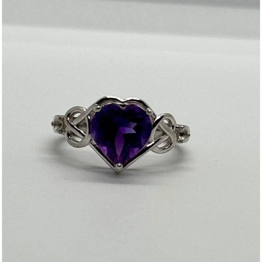 925 STERLING SILVER AMETHYST & GOSHENITE HEART RING SIZE 6